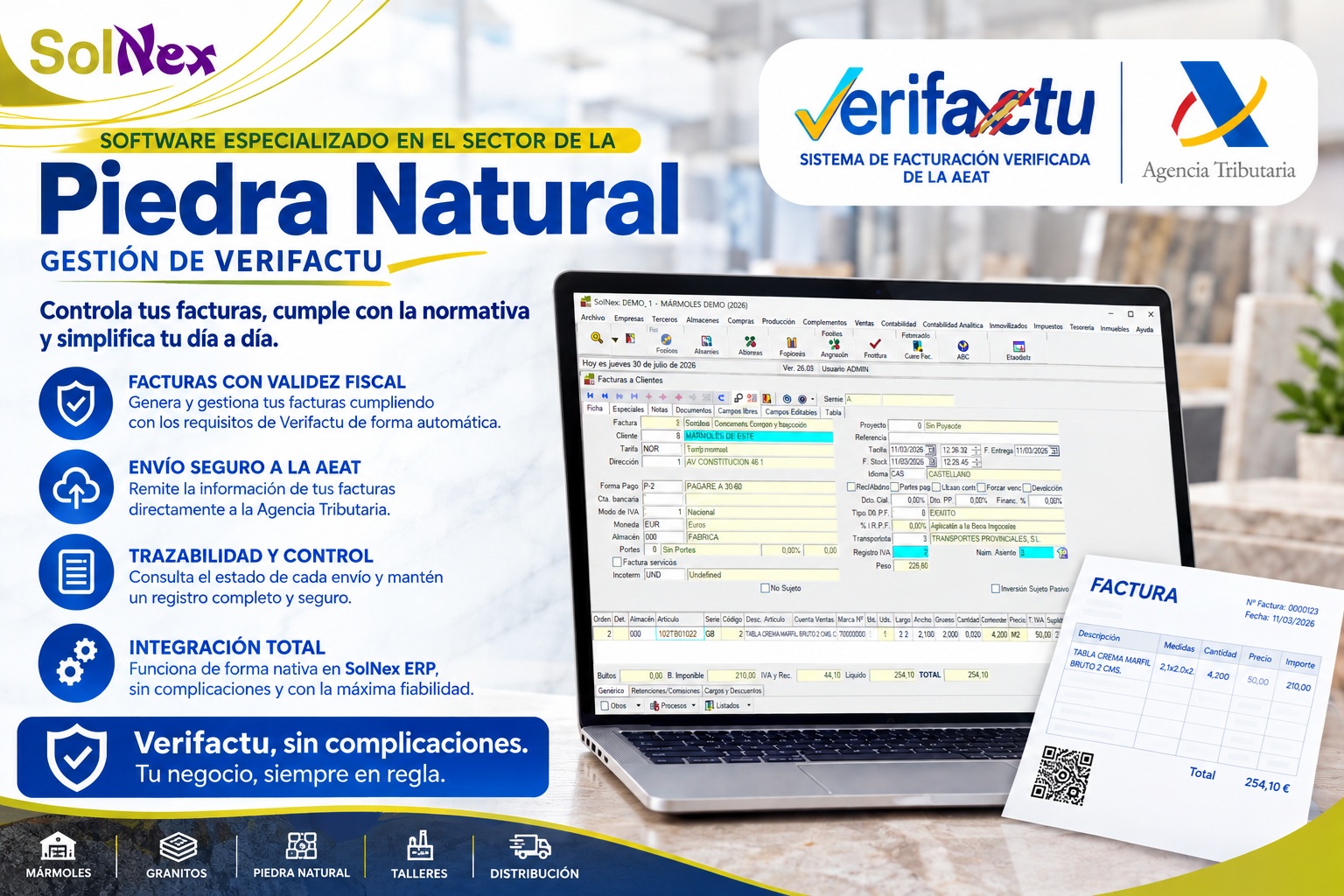 Interfaz de SolNex ERP con módulo Verifactu de la Agencia Tributaria y gestión empresarial